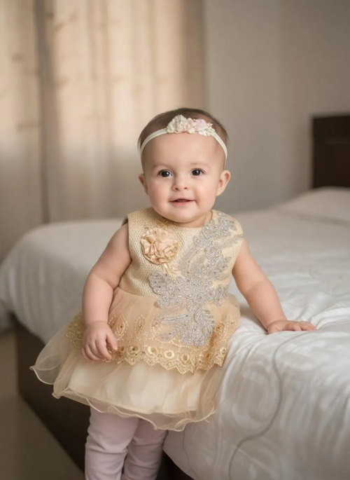 Baby Girl Golden Embroidered Net Frock & Trouser Set – Fancy 2 Piece Dress (6–12 Months)