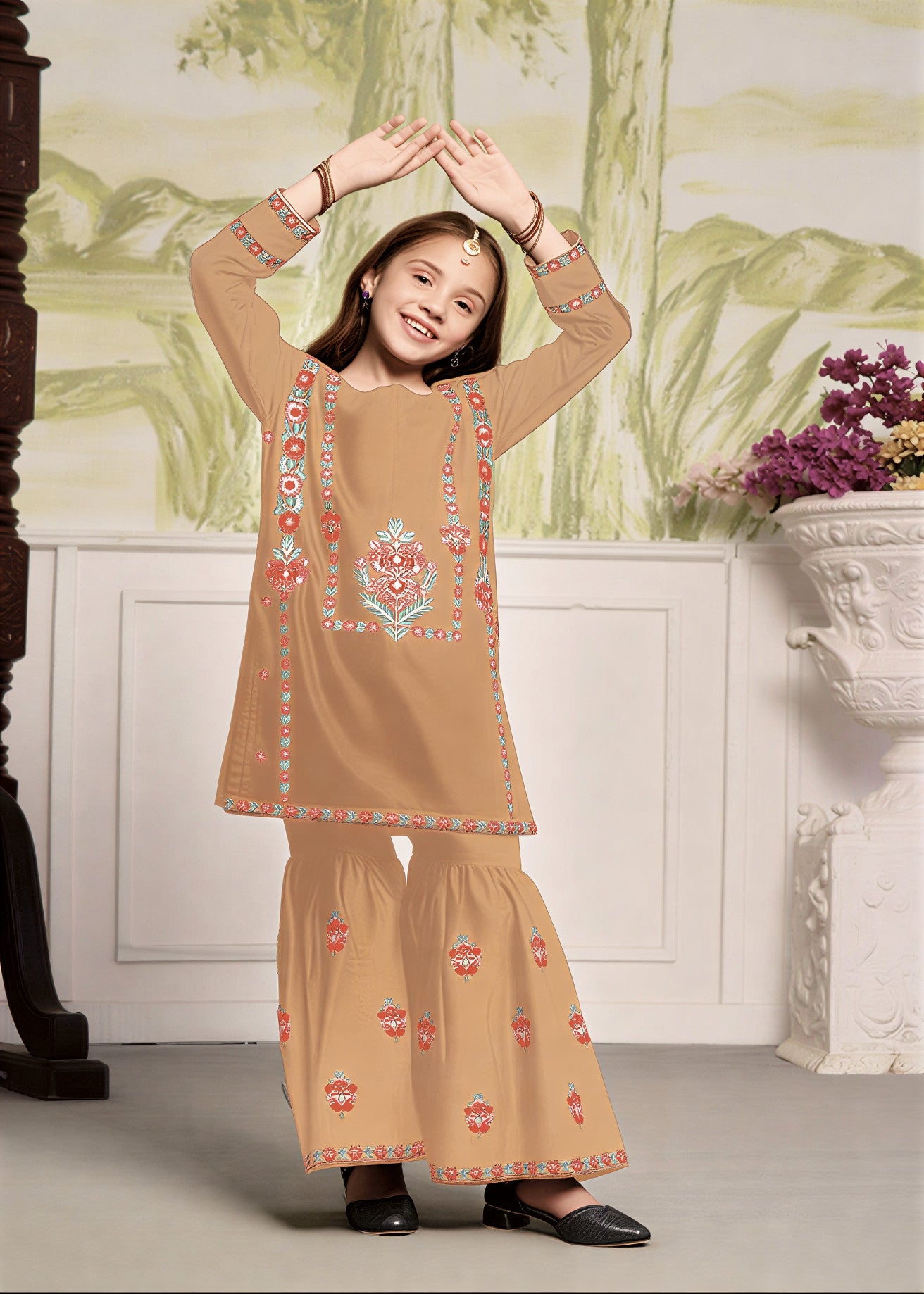 Girls Turquoise Embroidered Kurta Garara Set | Kids Cotton Party Wear 2Pcs