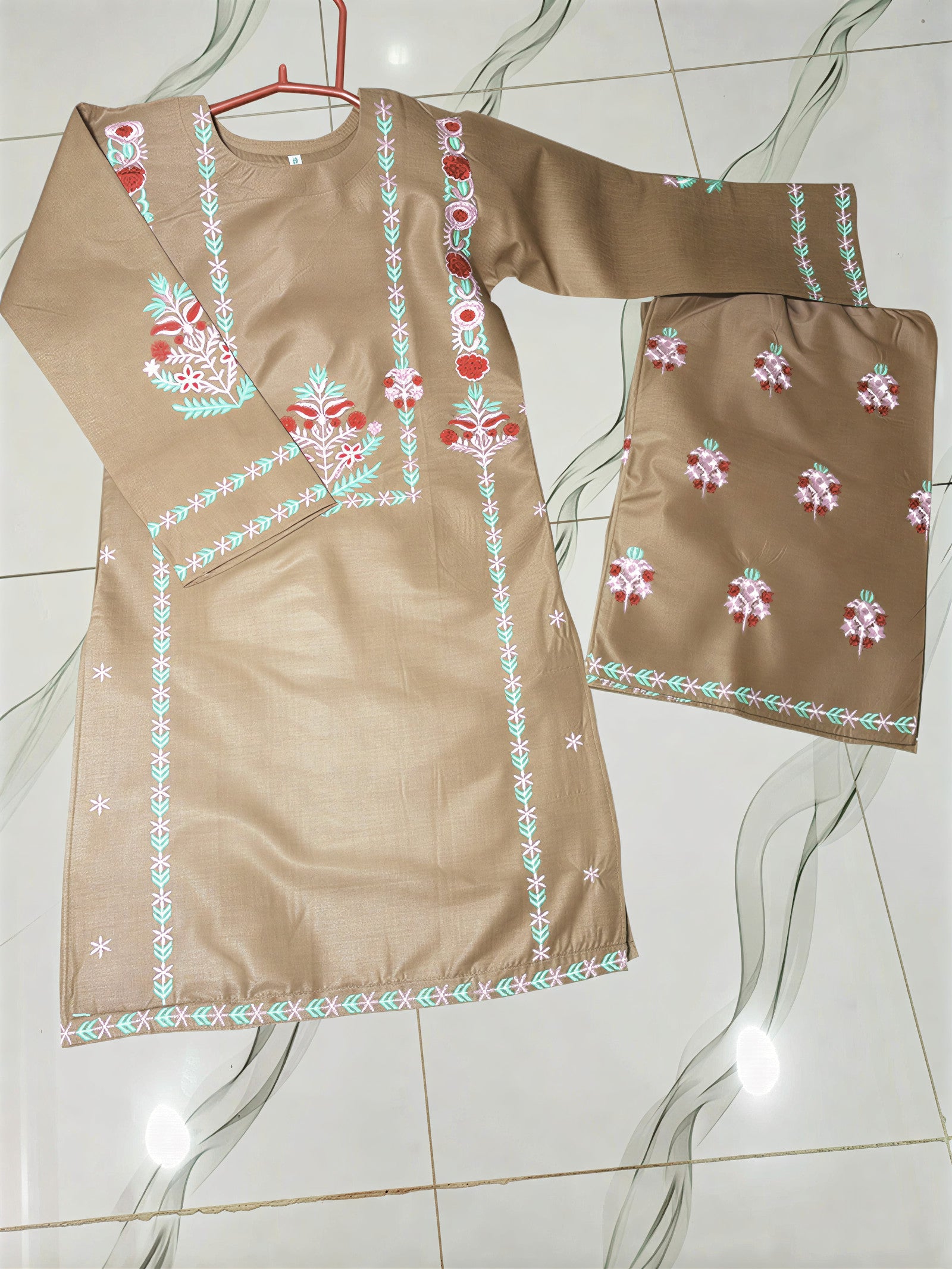 Girls Turquoise Embroidered Kurta Garara Set | Kids Cotton Party Wear 2Pcs