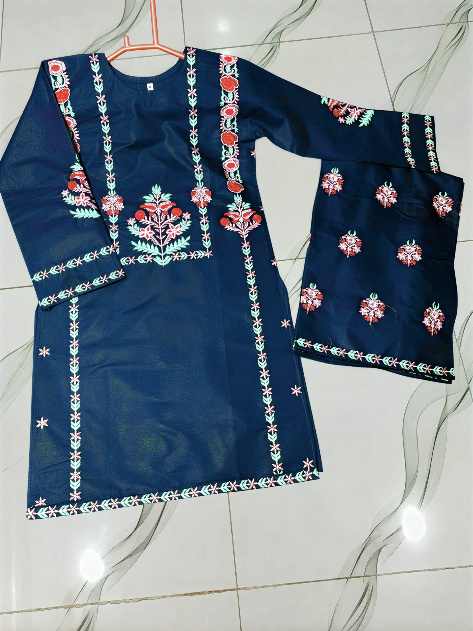 2 Pcs Girl's Cotton Embroidered Kurta And Trouser