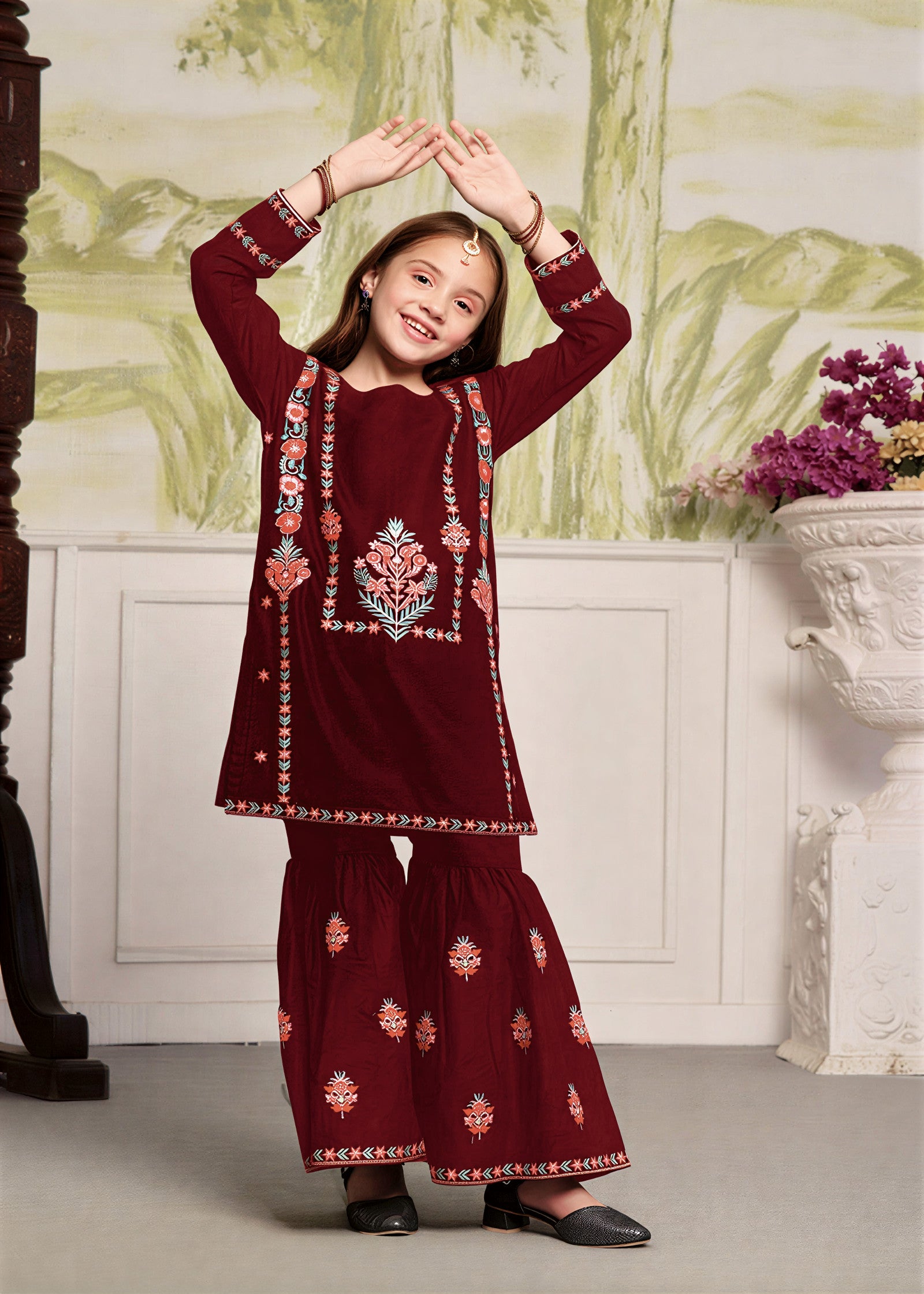 Girls Turquoise Embroidered Kurta Garara Set | Kids Cotton Party Wear 2Pcs