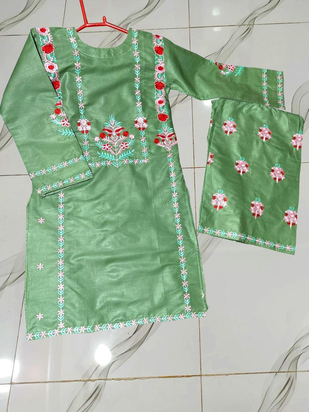 Girls Green Cotton Embroidered Kurta Trouser Set | Kids 2 Pcs Party Wear Dress