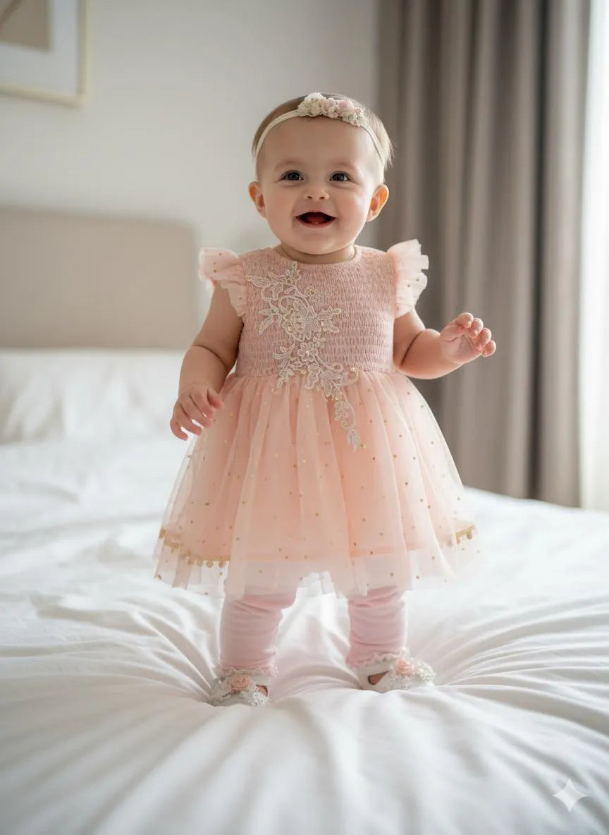 Baby Girl Fancy Peach Frock Set with FREE Sandals – Embroidered Party Dress (3–12 Months)