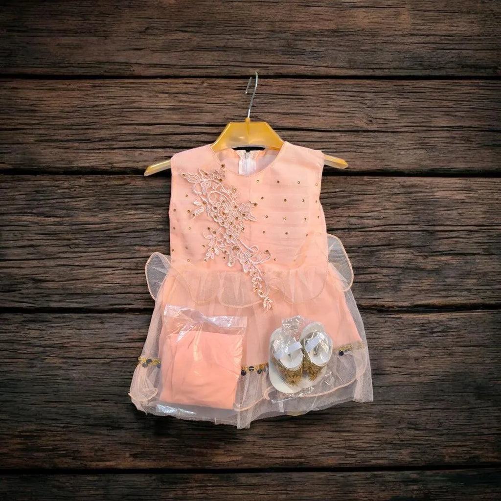 Baby Girl Fancy Peach Frock Set with FREE Sandals – Embroidered Party Dress (3–12 Months)