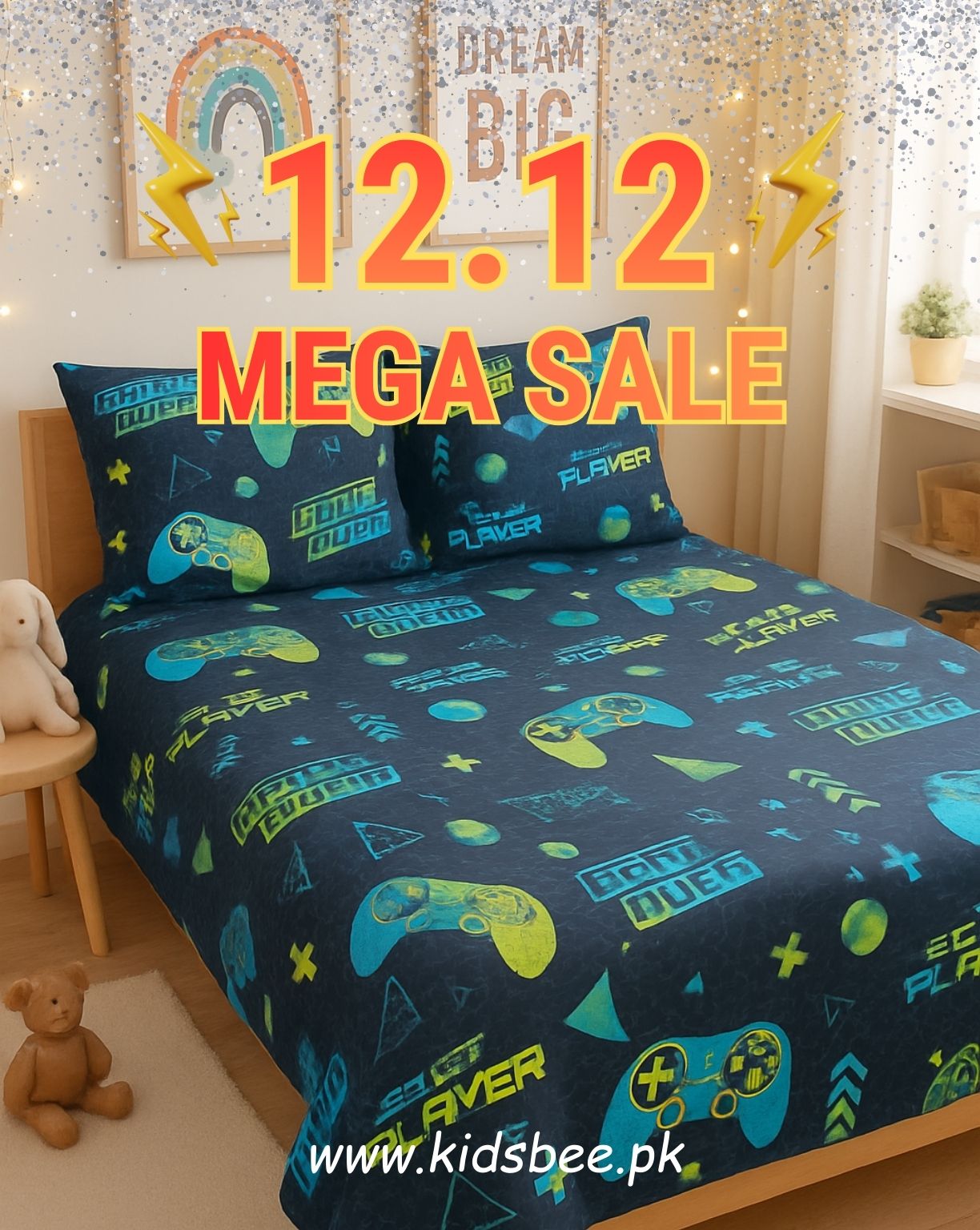 Blue Gaming Player Kids Bedsheet Set
