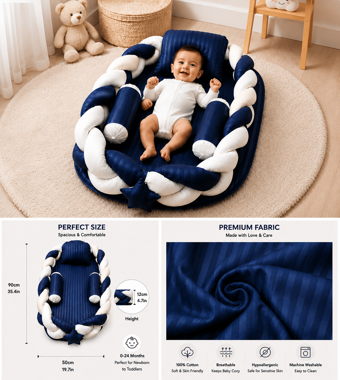 Cozy Braided Baby Bed | Portable Newborn Nest | Brown & Cream