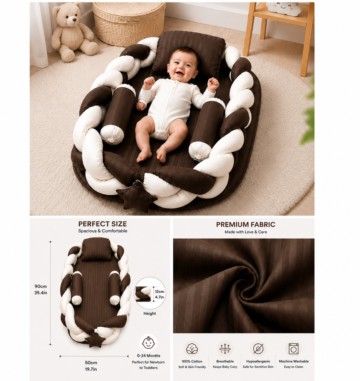 Baby Nest Sleeping Bed | Soft Breathable Infant Lounger with Pillow | Brown