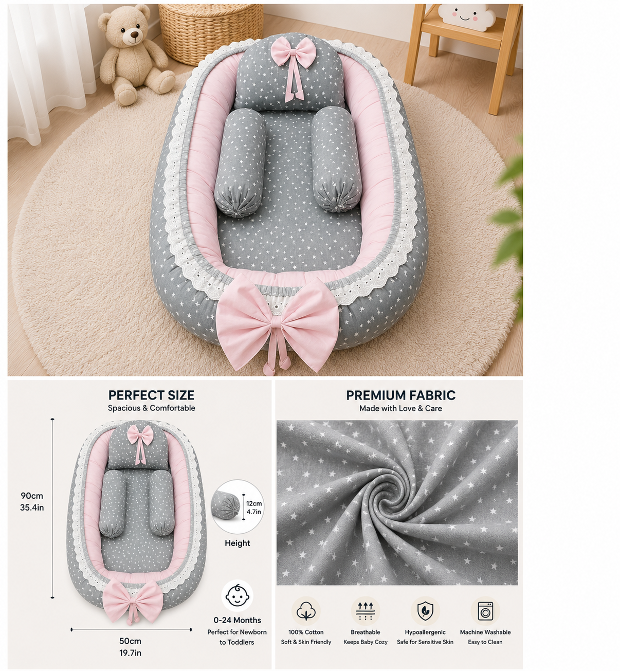 Luxury Baby Nest Bed | Breathable Newborn Lounger | Machine Washable