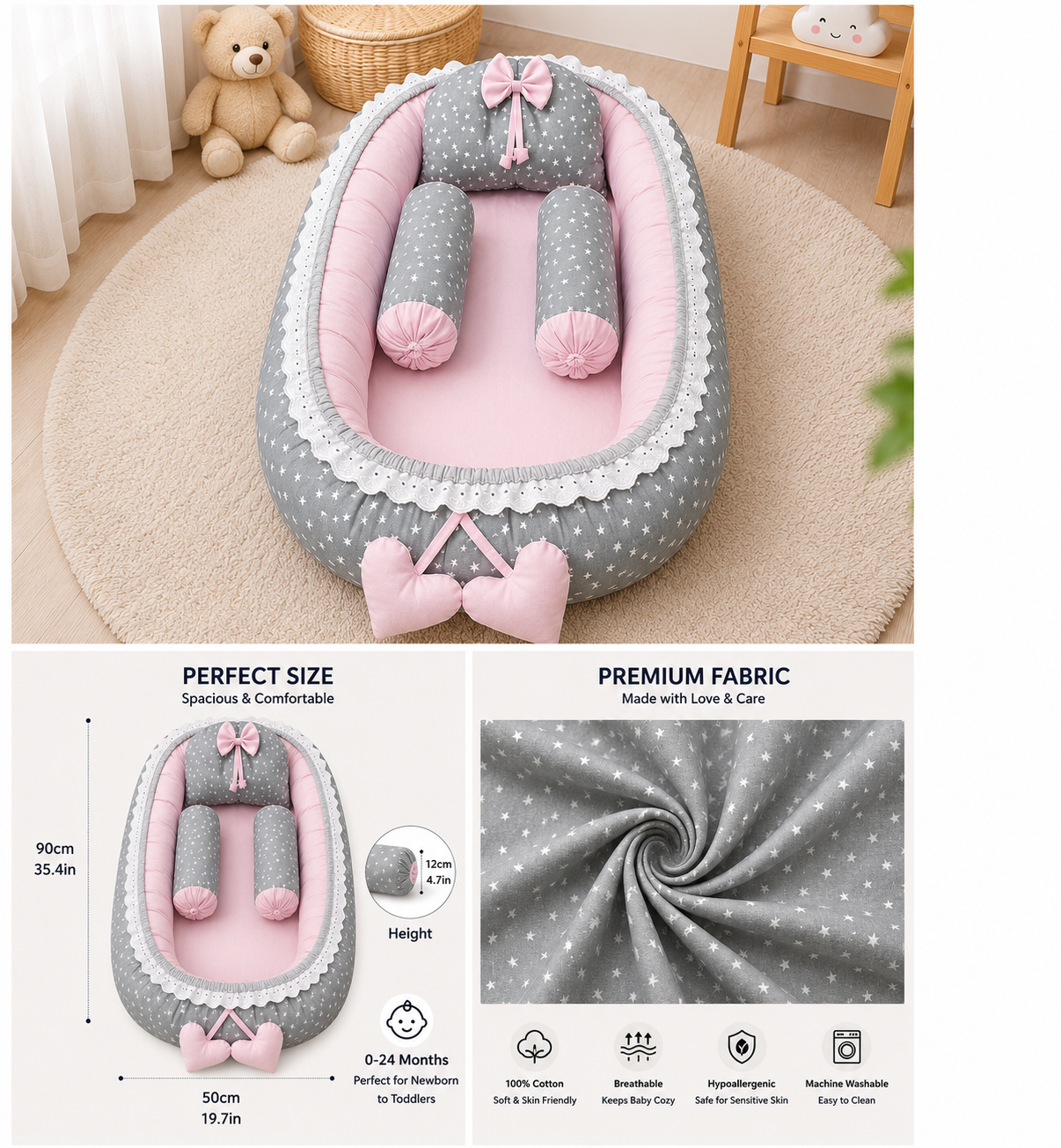 Soft Cotton Baby Nest | Infant Sleeping Pod with Pillow