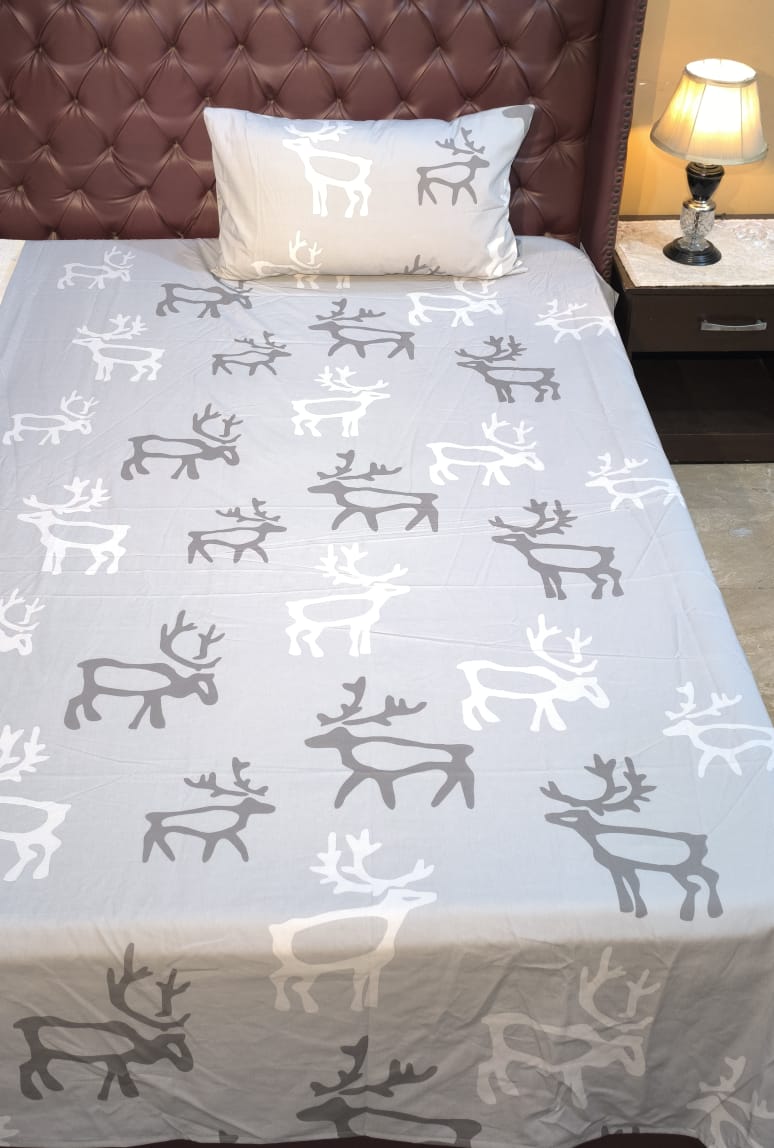 Grey Reindeer Printed Bedsheet Set – Soft Cotton Winter Bedding with Pillow Cover