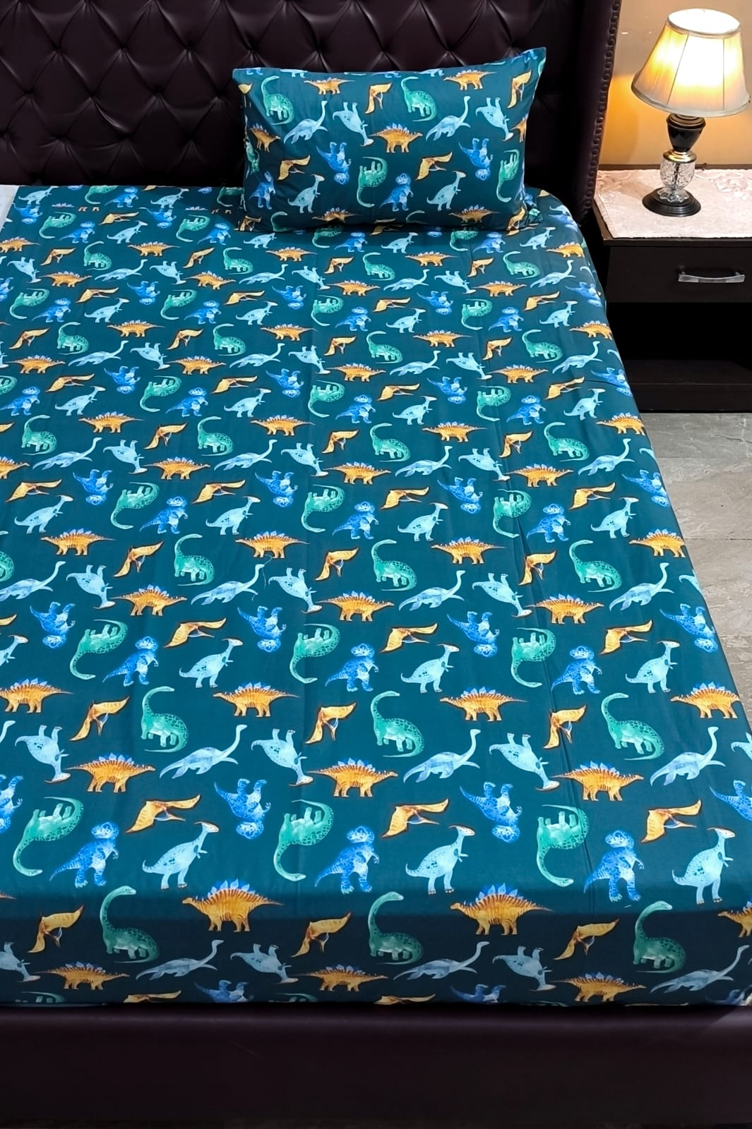 Kids Dinosaur Printed Bedsheet Set – Soft Cotton Single Bed Sheet with Pillow Cover  Cartoon Dino Bedding for Boys