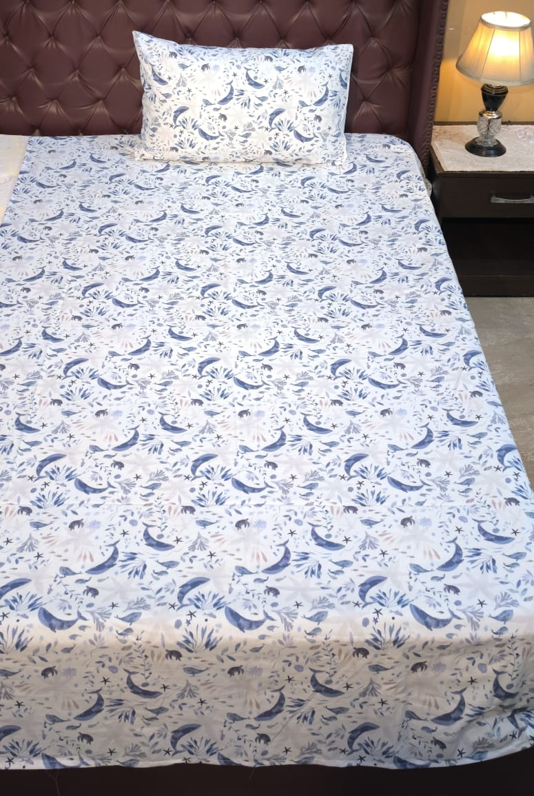 Premium Floral Blue Cotton Bedsheet Set – Elegant Leaf & Bird Print  Soft Single Bed Sheet
