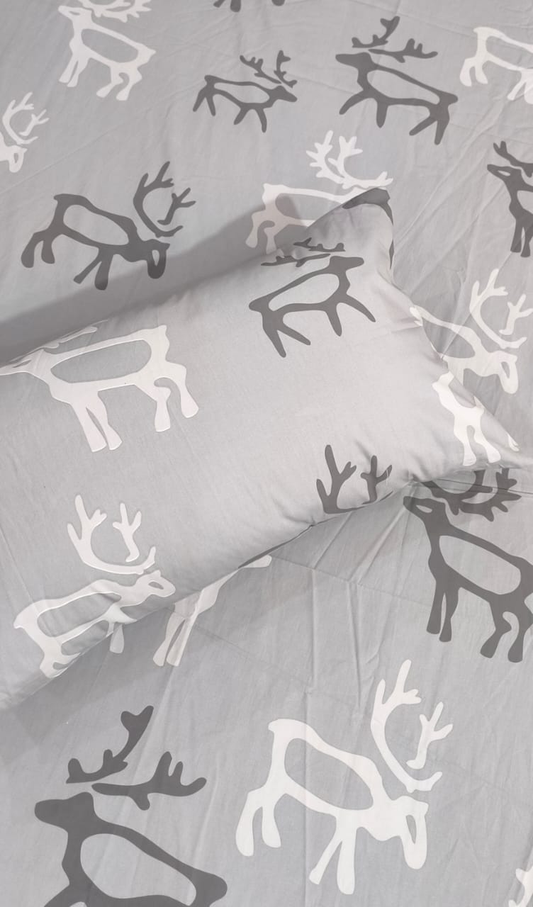 Grey Reindeer Printed Bedsheet Set – Soft Cotton Winter Bedding with Pillow Cover