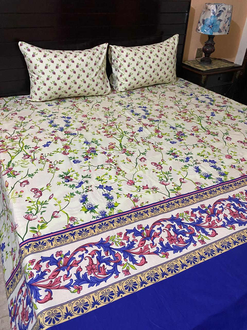 CBS-4204 White Floral Printed Bedsheet with Decorative Border & Pillow Covers