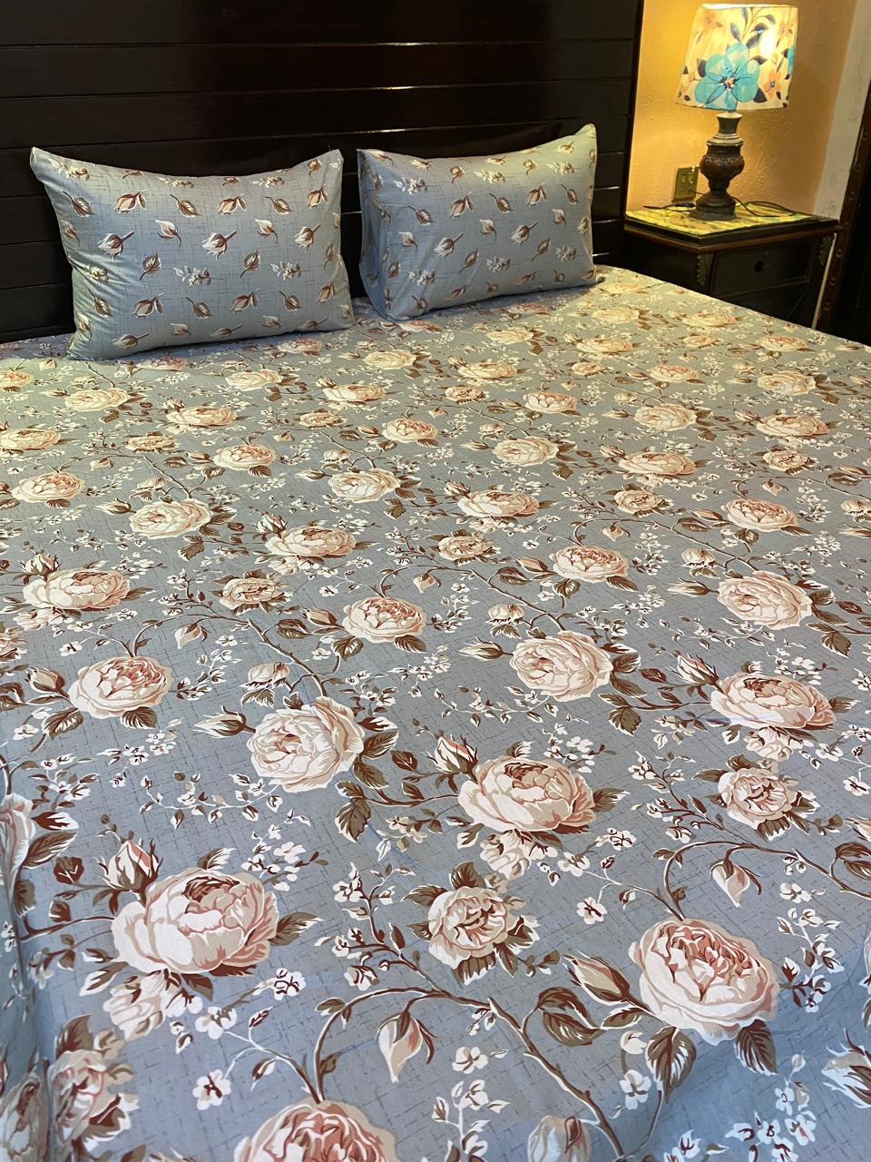 CBS-4213 Elegant Grey Rose Floral Bedsheet Set