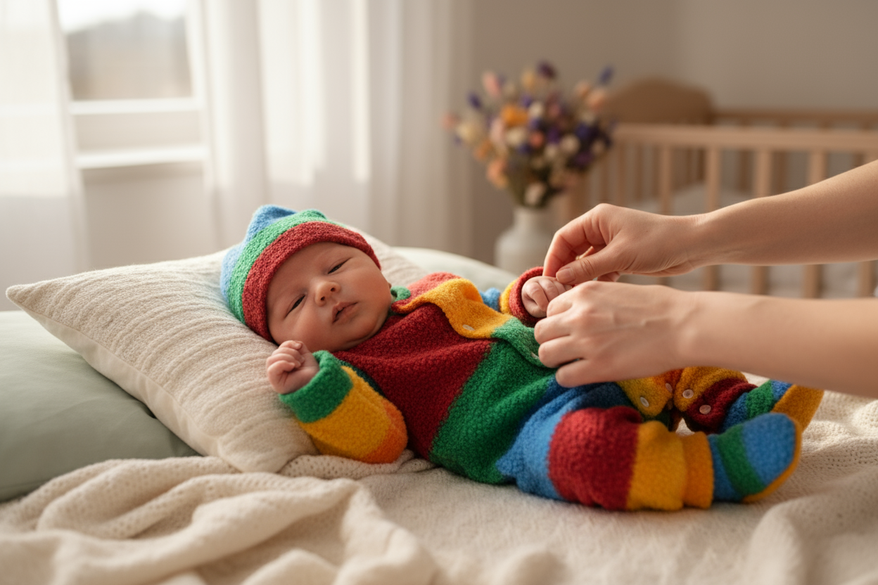 A cozy and heartwarming scene showing a newborn baby being gently dressed in a colorful, soft, and cozy outfit. Only the mother’s hands are visible lovingly adjusting the baby’s clothes — the mother herself is not fully shown. The baby looks happy and relaxed, lying on a soft bed with warm natural light and a peaceful background. The outfit should be bright and full of colors, symbolizing comfort, care, and joy. The overall atmosphere should feel gentle, pure, and full of love.