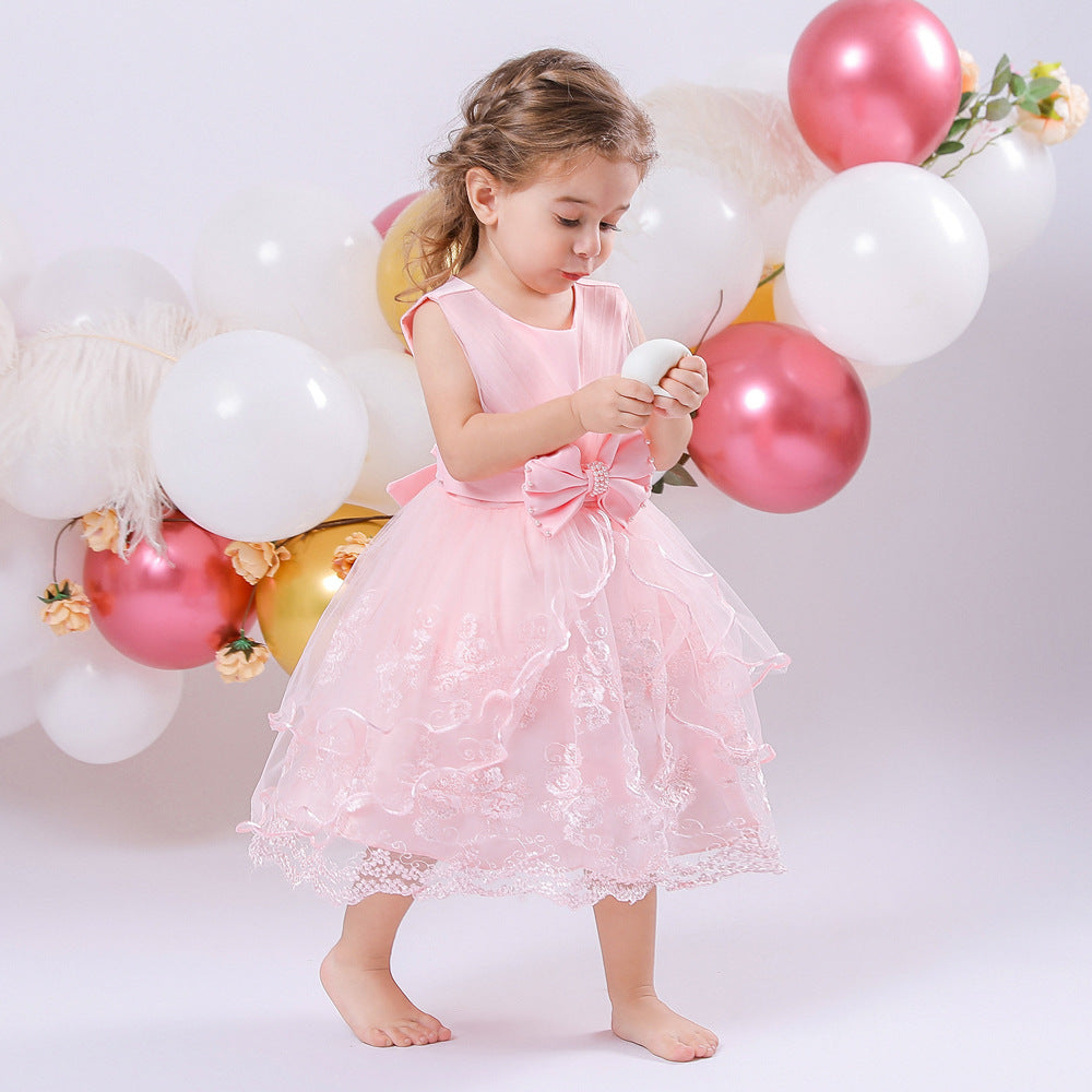 Baby princess Dress beaded bow wedding dress three-dimensional embroidered fluffy princess