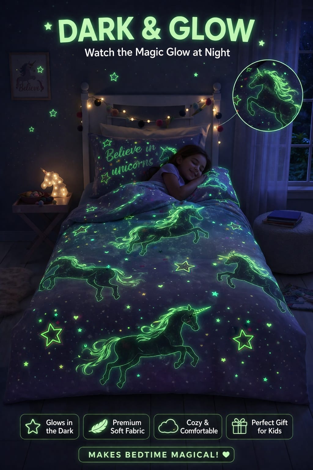 KBS-3519: UNICORN KIDS BEDSHEET with Dark and glow bedsheets